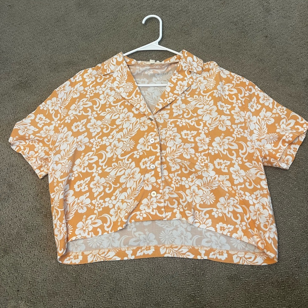 orange hibiscus collar shirt